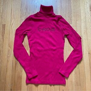 Y2K BEBE Red Rhinestone Logo Turtleneck Sweater Size S Made In USA Long Sleeve